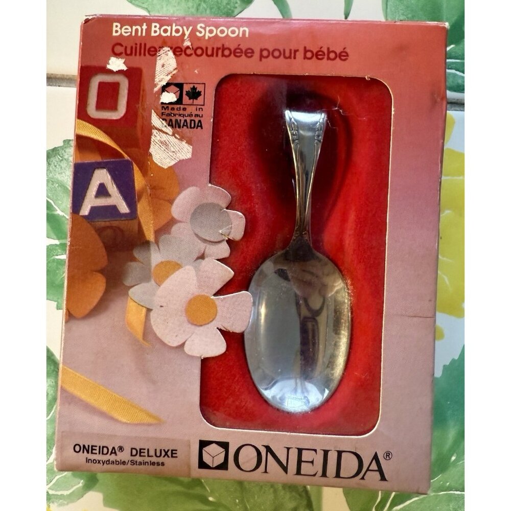 Baby spoon folded stainless Oneida Vntg in Box Mike Likes To Eat like A Grown Up